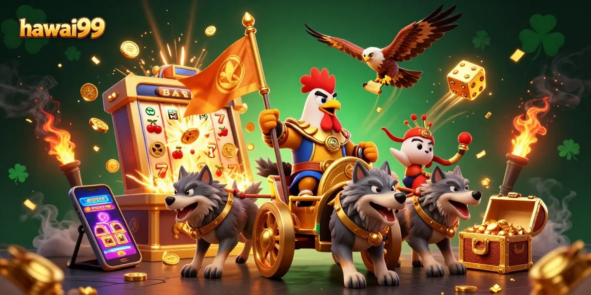 Experience the excitement of hawai99 with a cartoon rooster warlord in a vibrant casino scene.