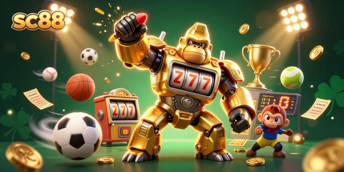 Experience the excitement of sc88 with a dynamic 3D illustration showcasing a golden gorilla mech amidst vibrant casino elements.