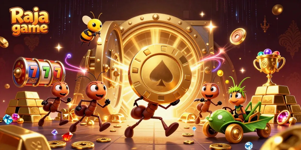 Engage in exciting gameplay with Raja game as cartoon ants maneuver a giant poker chip in a treasure-filled heist.