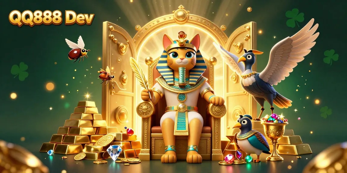Engage in winning strategies at QQ888 Dev with an enchanting casino scene featuring an Egyptian pharaoh cat.