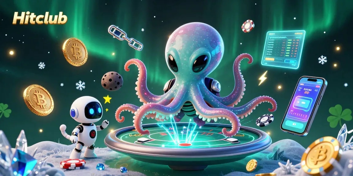 Hitclub showcases a vibrant alien octopus playing poker in space, surrounded by glowing crypto coins.
