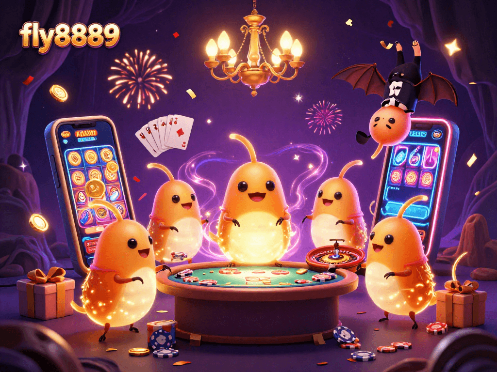 Experience the excitement at fly8889 with glowing glowworms lighting the casino, depicting vibrant game play