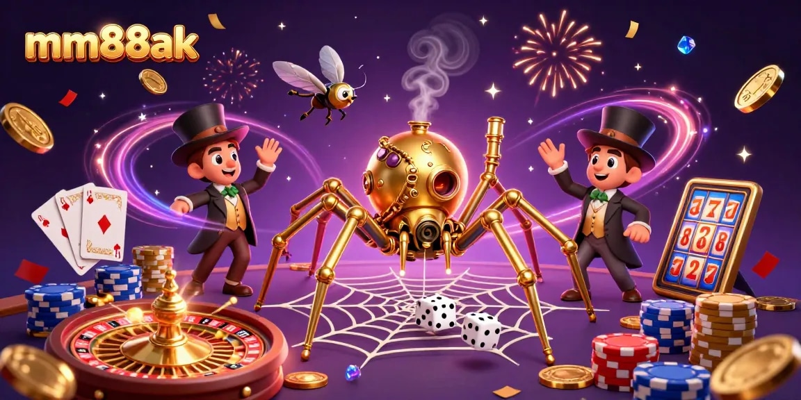 Engage with mm88ak's thrilling casino atmosphere, where a golden spider weaves luck among vibrant game elements.