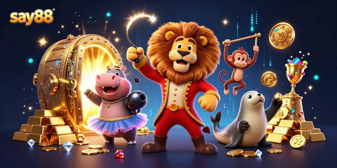 Experience the thrill of say88 with a dynamic casino-themed illustration featuring animated characters surrounded by treasures.