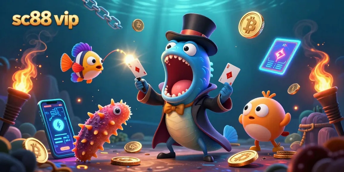Experience the exciting world of sc88 vip with a magical underwater casino scene featuring a bioluminescent eel and shining crypto coins.
