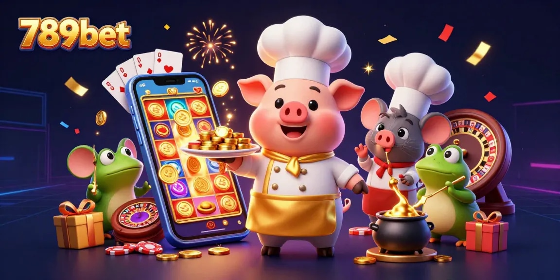 Experience thrilling slot excitement with 789bet, featuring 3D cartoon characters serving gold coins and dynamic casino elements.