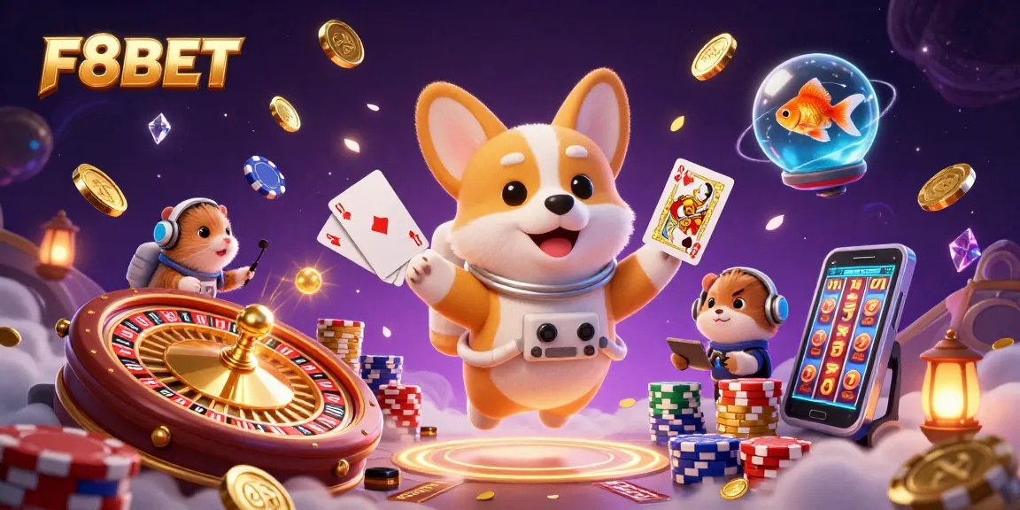 Experience thrilling gaming action with F8BET in a bustling space casino scene.