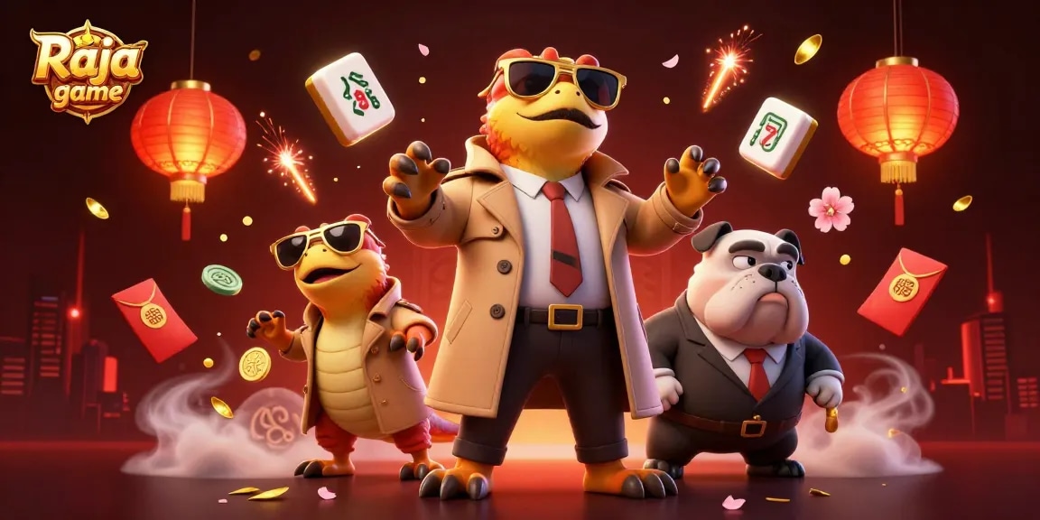 Play exciting slot games with Raja game while raptors sneak into a VIP casino lounge illustration.