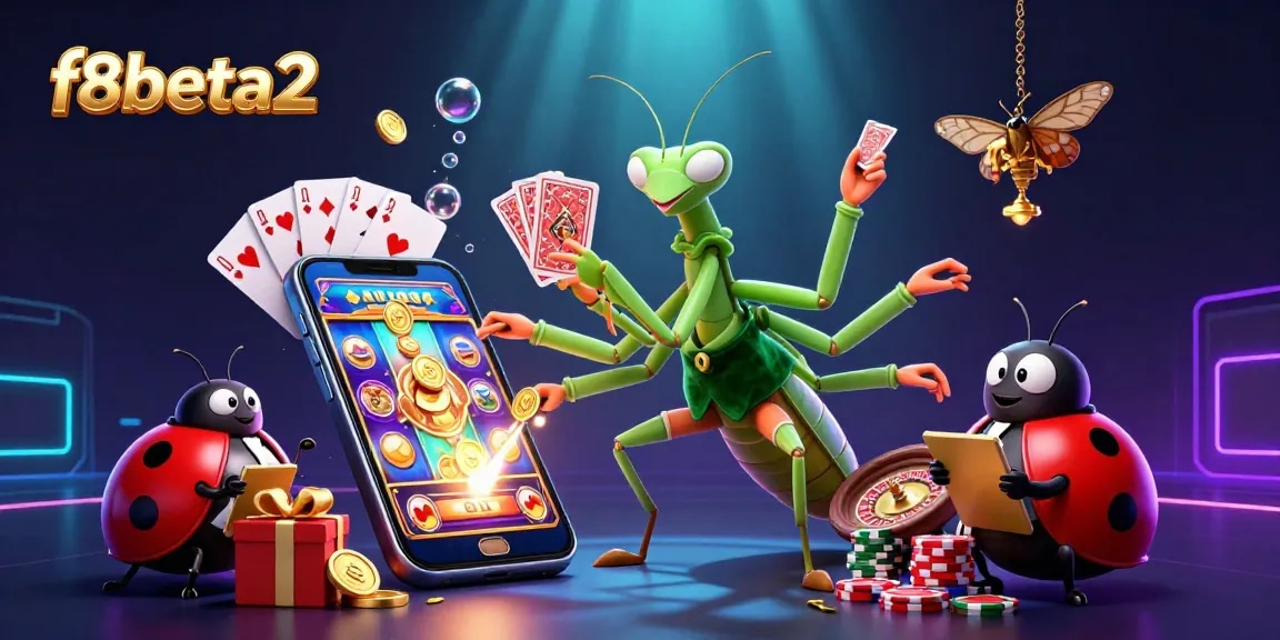 Engage with f8beta2's vibrant casino scene showcasing a giant praying mantis card sharp, vibrant slot games, and golden coins.