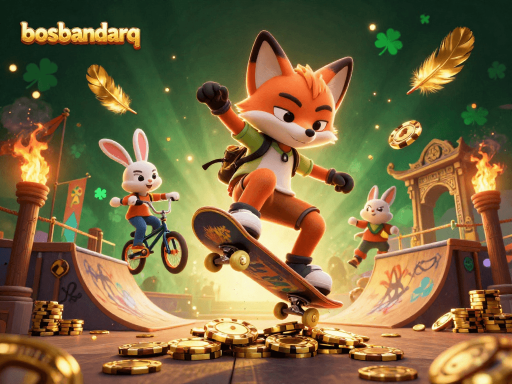 Engage in thrilling play at bosbandarq with a dynamic 3D cartoon scene featuring an energetic fox and rabbit.