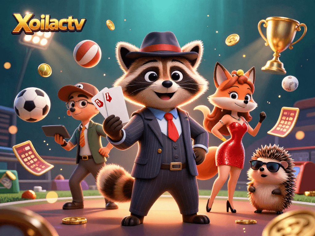 Xoilactv features a suave raccoon, charming fox, and hedgehog in a dynamic sports betting scene.