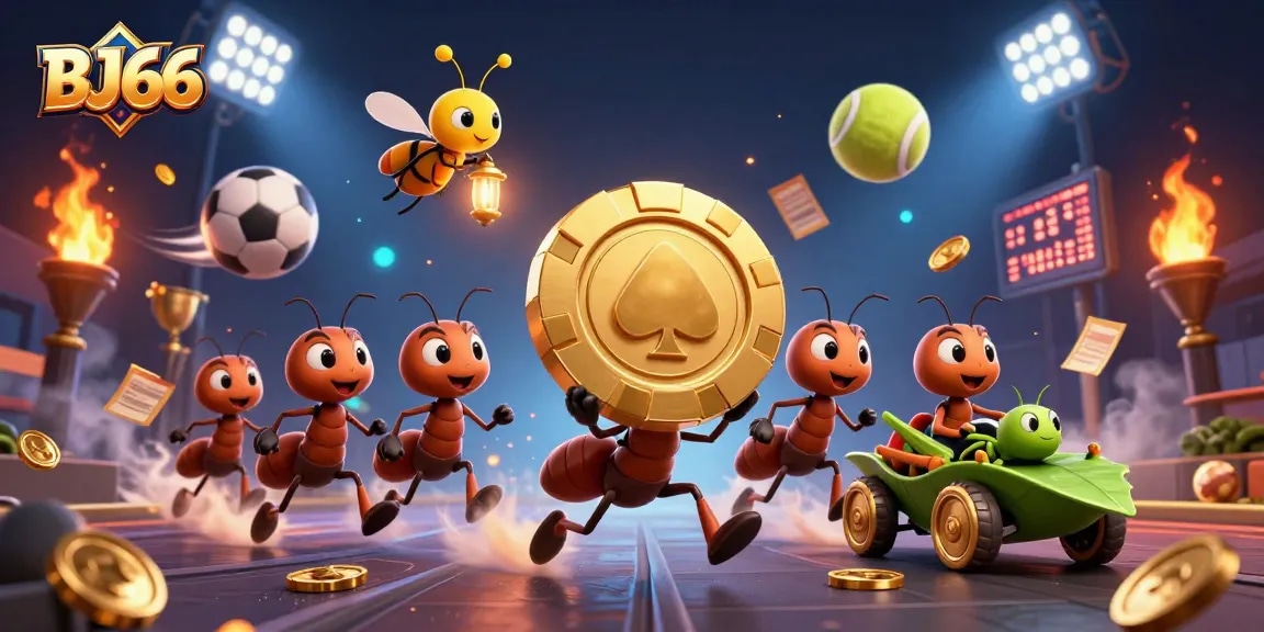 Experience the thrill of BJ66 as cartoon ants pull off a heist with golden poker chips in a vibrant casino setting.