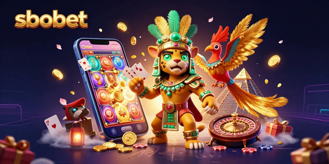 Engage with sbobet betting strategies in the vibrant 3D illustration of a Mayan priest and casino icons.