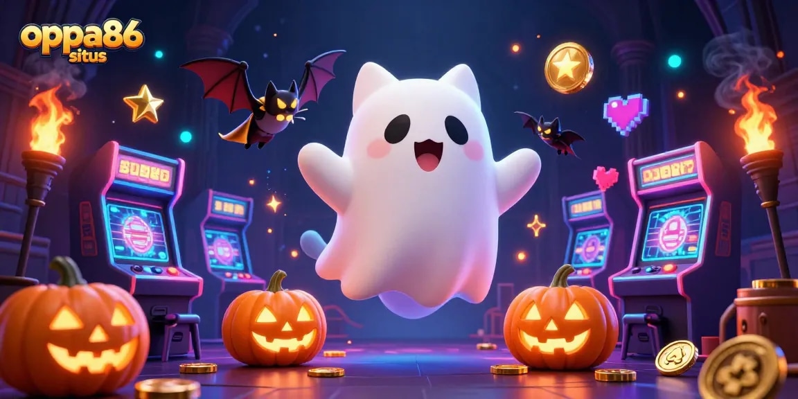 Spin and win at oppa86 situs with a vibrant, haunted casino scene featuring colorful game elements.