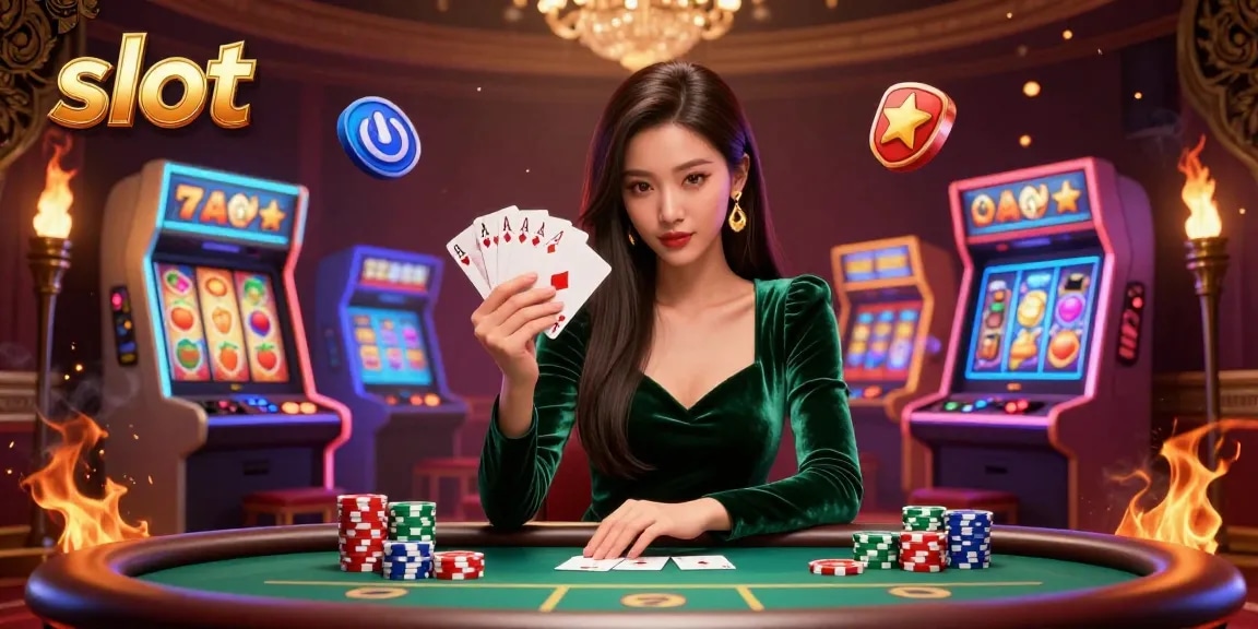 Engaging slot game scene featuring an Asian woman at a poker table surrounded by vibrant game elements.