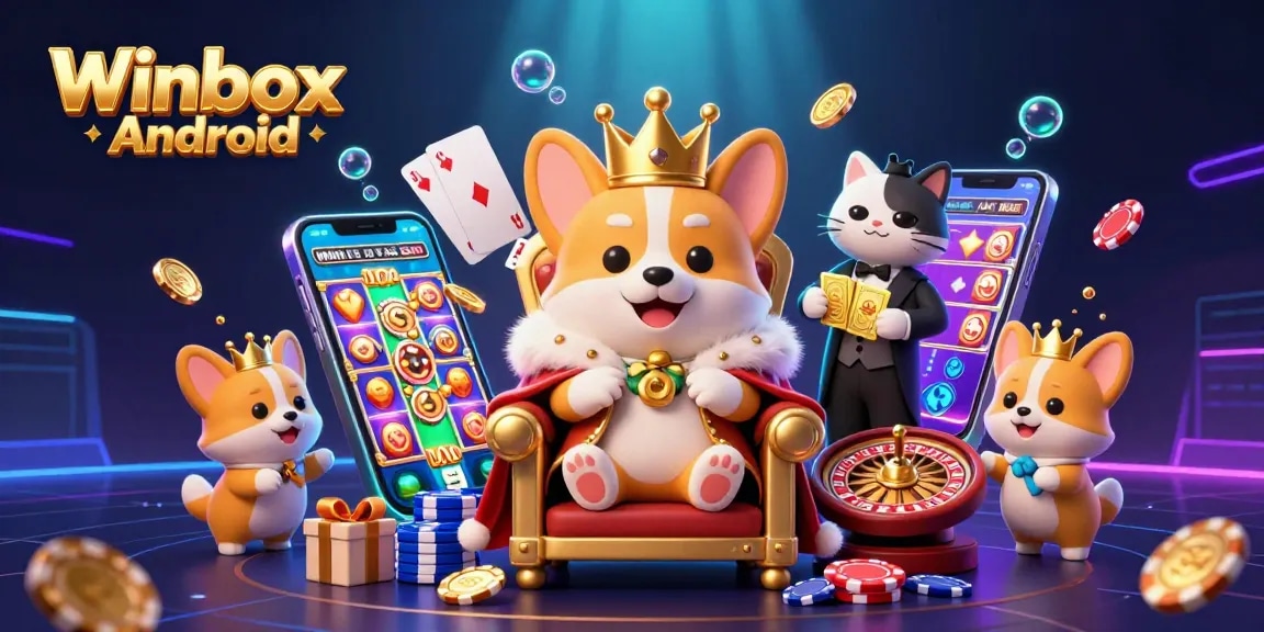 Winbox Android app showcased in a vibrant casino scene with royal corgi and dynamic gambling elements.
