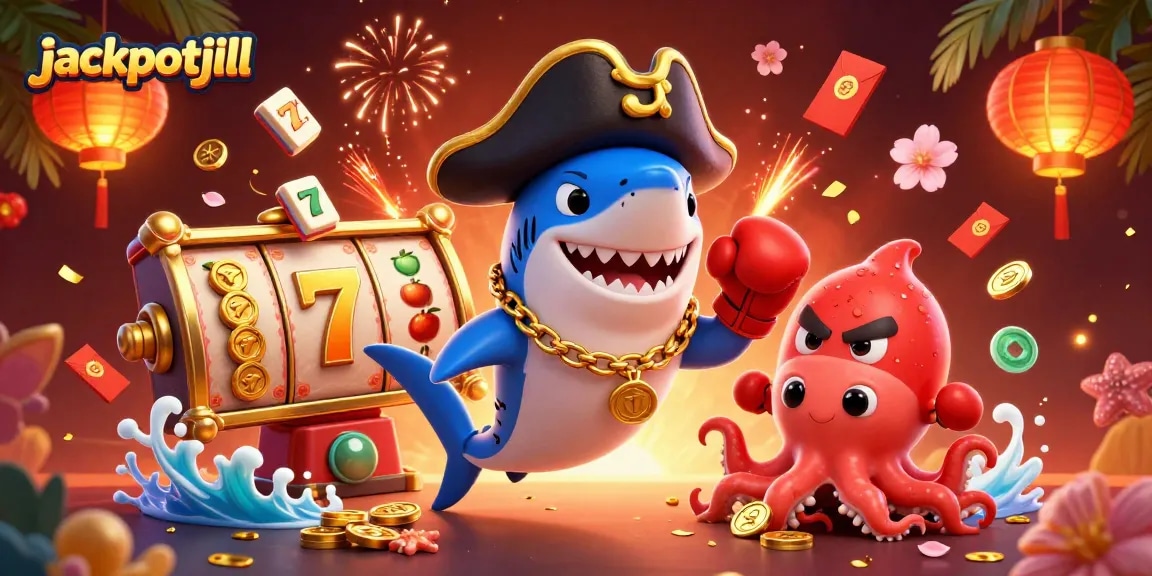 Engage with jackpotjill's vibrant casino world featuring a pirate shark, pufferfish, and coins.