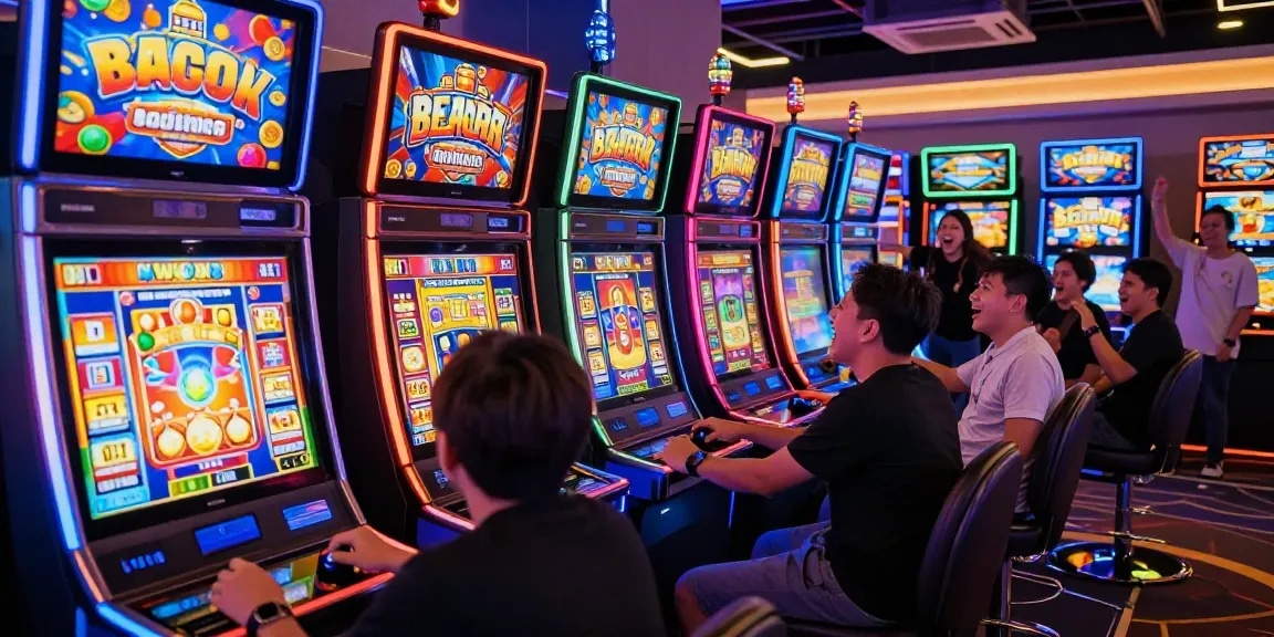 Pengalaman bermain slot gacor di kasino dengan pemain antusias dan mesin slot berwarna-warni.