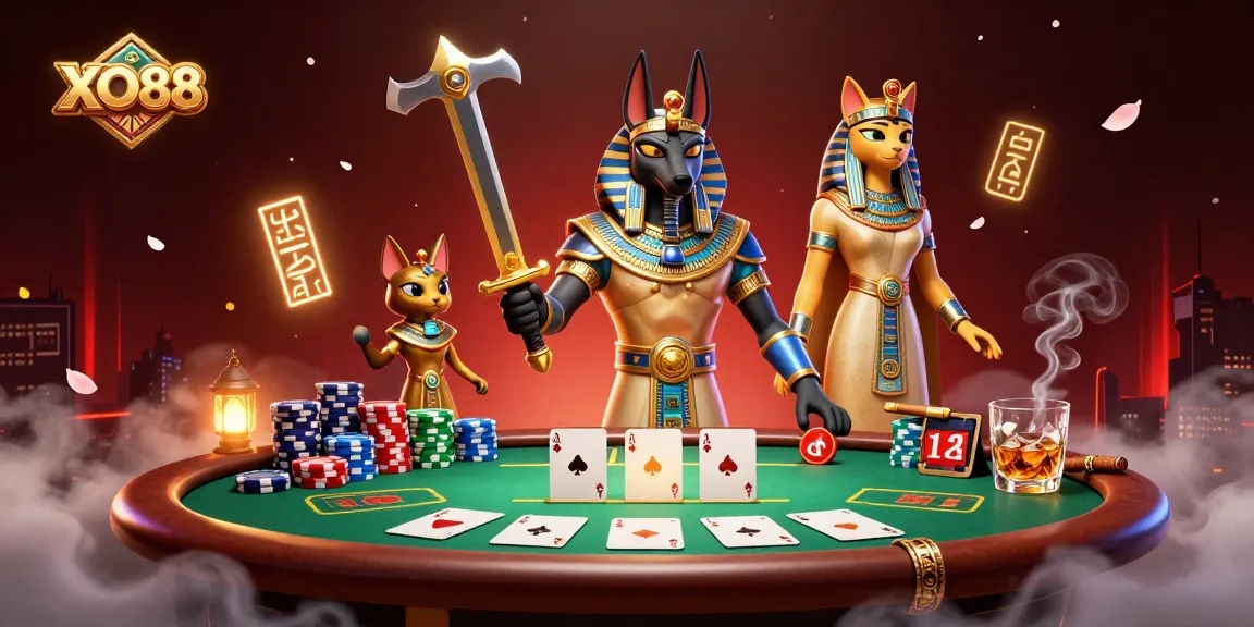 Experience the thrill of poker with XO88 in this vibrant, dynamic scene featuring Anubis and Bastet.