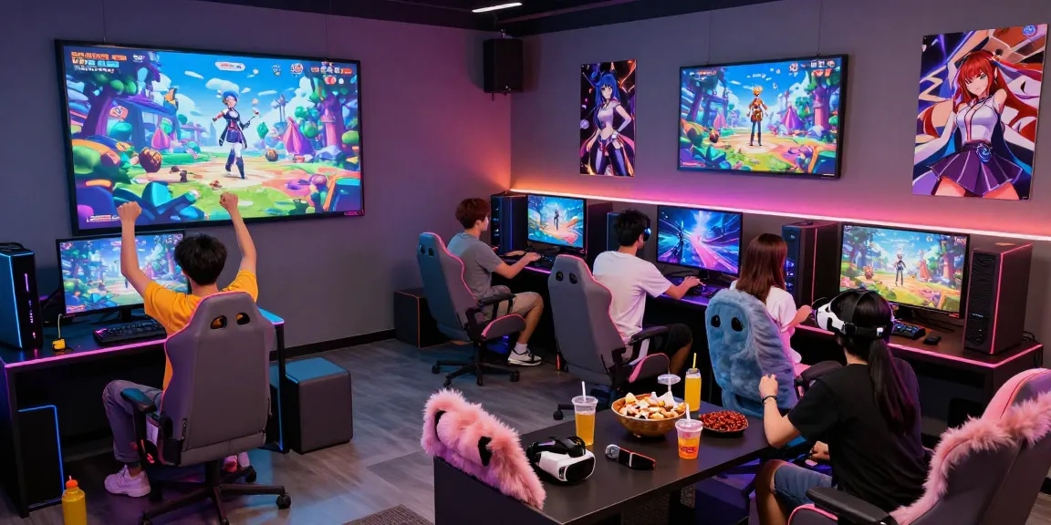 Dynamic gaming lounge showcasing 3D ecchi game characters and immersive gameplay atmosphere