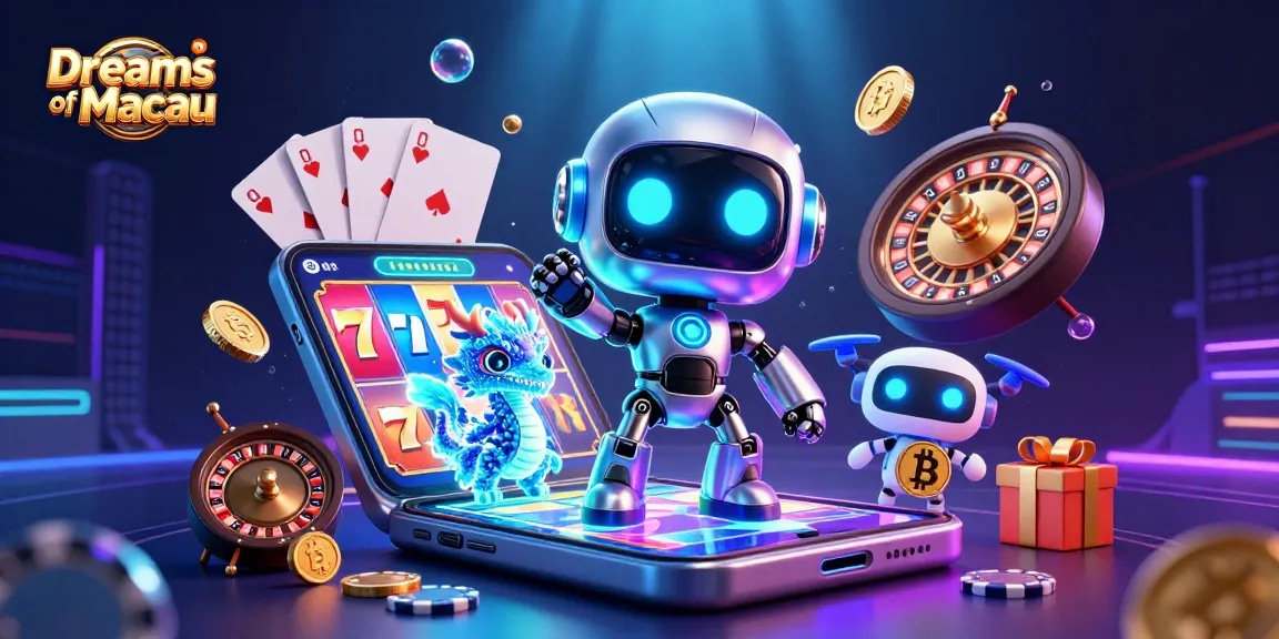 Experience thrilling gameplay in Dreams of Macau with a colorful neon robot and a bitcoin drone.
