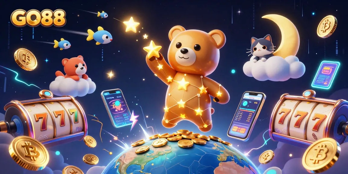 Engage with GO88's thrilling slots and casino games as a starry bear scoops coins.