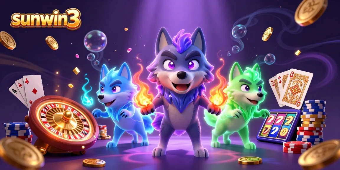 Engage in thrilling gameplay with sunwin3, surrounded by mystical wolves, coins, and casino elements.