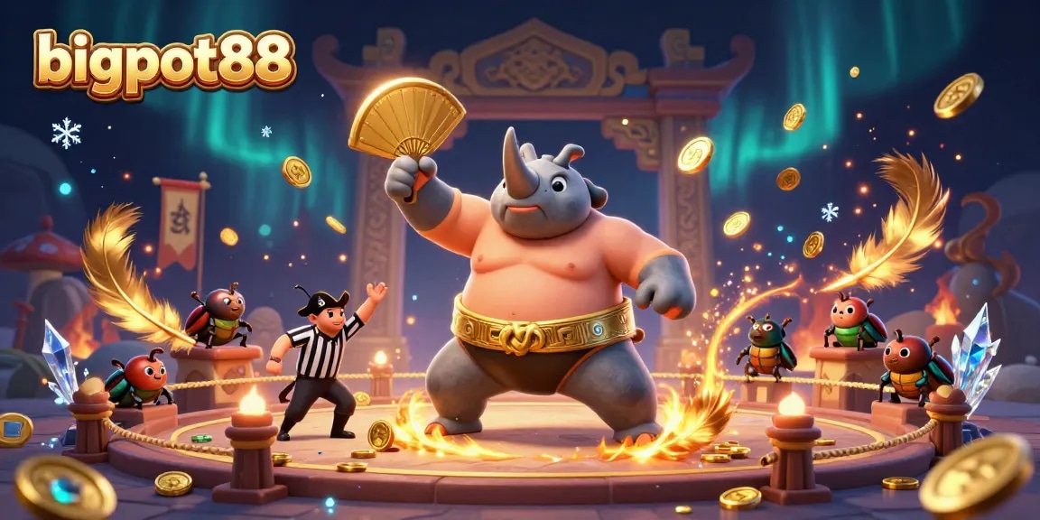 Bigpot88 showcases a lively and detailed 3D scene with a rhinoceros beetle sumo champion amidst flying coins.