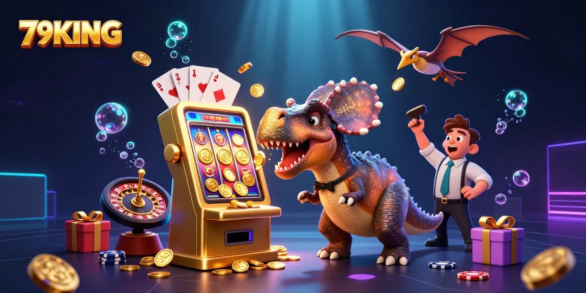 79KING slot machine celebration with dinosaurs and jackpot coins falling dynamically
