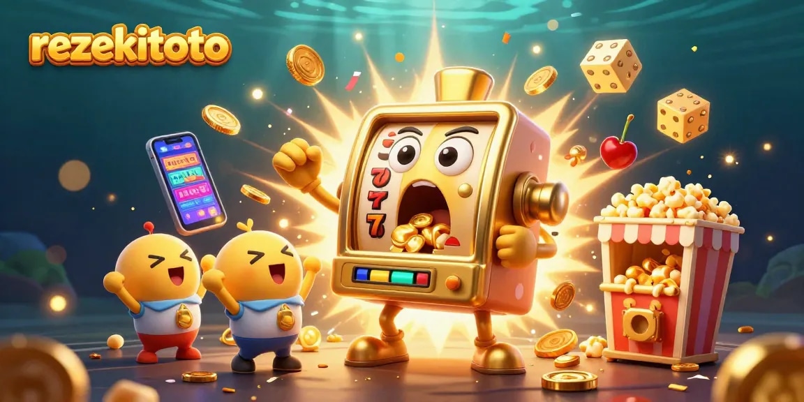 Experience winning with rezekitoto as a playful cartoon slot machine celebrates its jackpot triumph amidst vibrant casino elements.