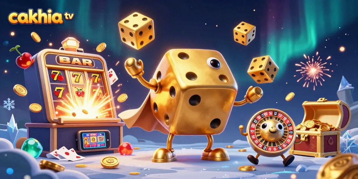 Cakhia TV showcases a lively illustration of golden dice characters amid dynamic casino elements, perfect for sports betting.