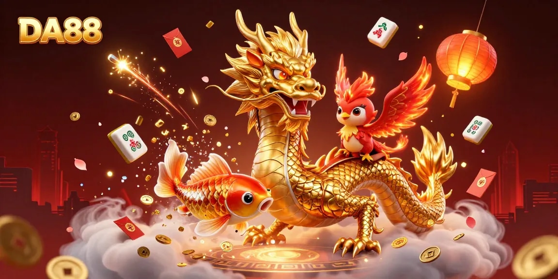 Experience the thrill of DA88 with a 3D casino scene featuring a golden dragon and phoenix.