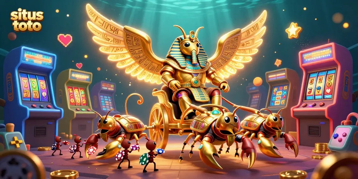 A vibrant illustration showcasing situs toto with a golden scarab beetle, jewel-encrusted scorpions, and gaming elements.