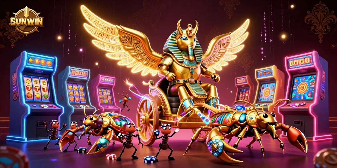 SUNWIN players spinning jackpot slots against a backdrop of glowing casino elements, capturing the ultimate gaming thrill.