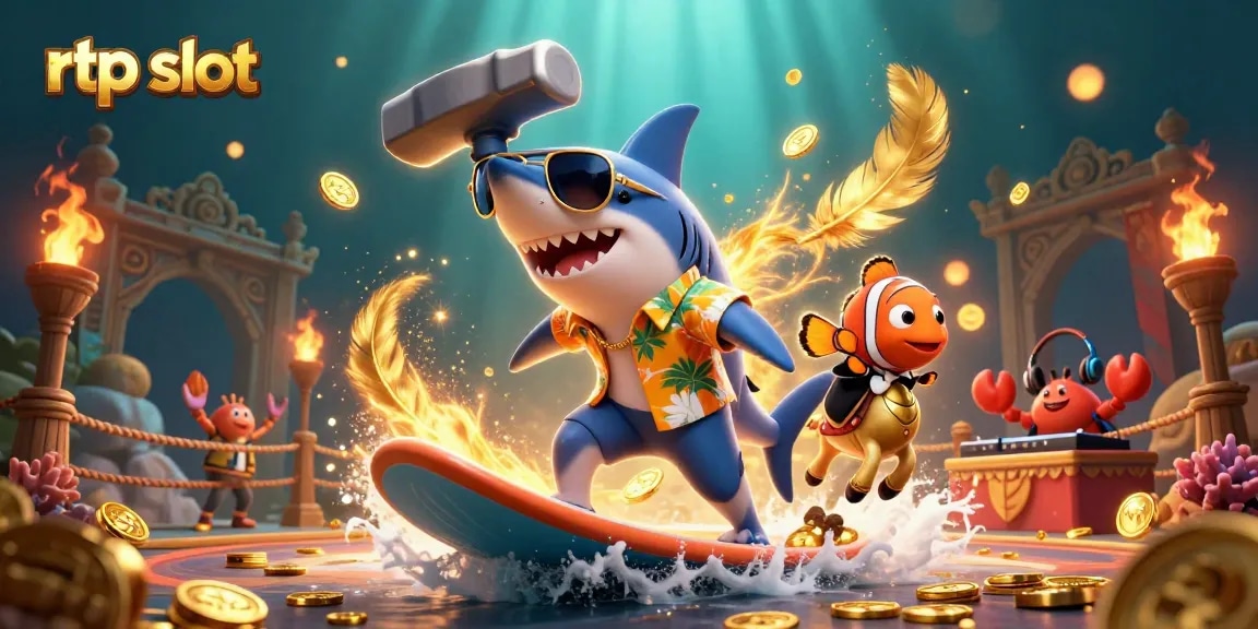 Engage with vibrant rtp slot action featuring a shark, clownfish, and crab in a dynamic illustrative scene.