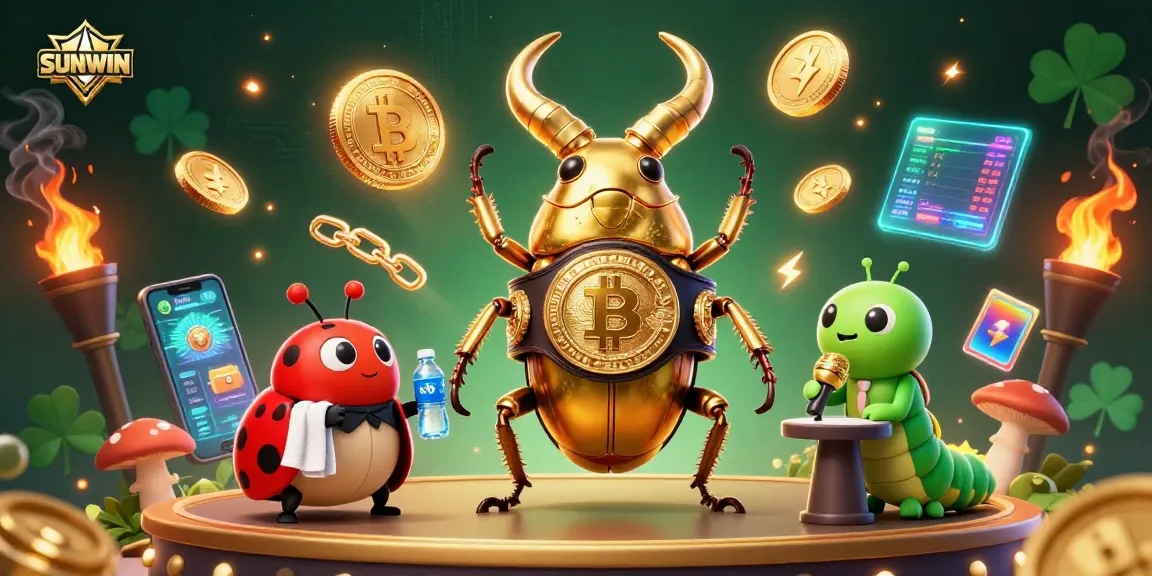 SUNWIN offers thrilling casino action with a giant stag beetle in a boxing belt, vibrant crypto elements, and dynamic visuals.
