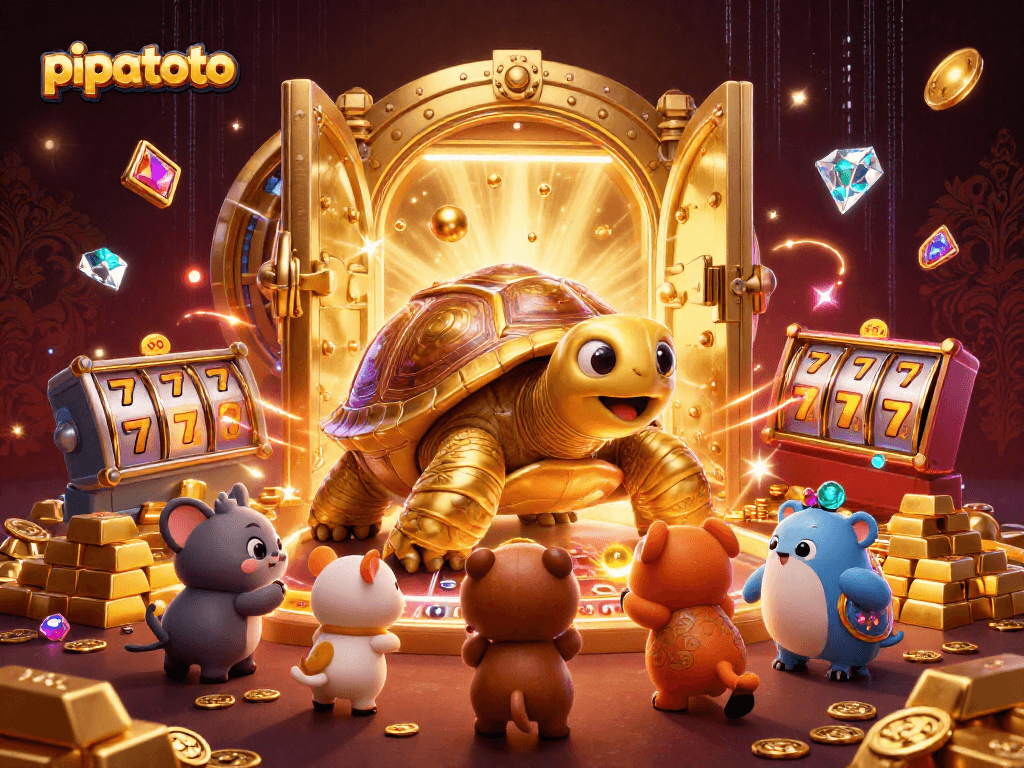 Join exciting gaming action at pipatoto with a golden tortoise pinball machine and treasure.