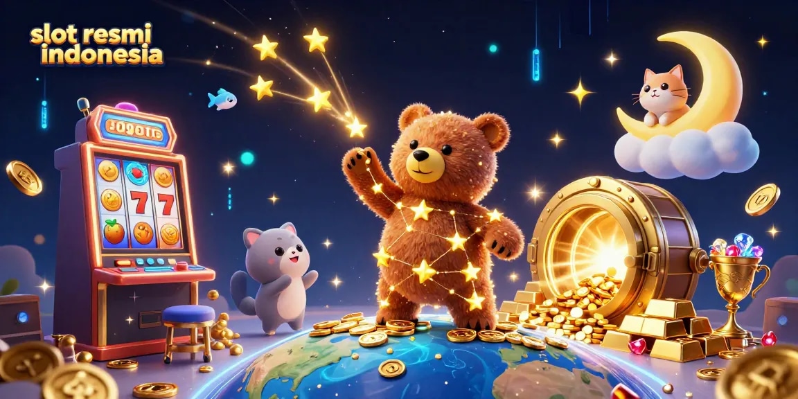 Slot resmi indonesia menampilkan karakter kartun bintang yang mengumpulkan koin dari bumi di malam berbintang.