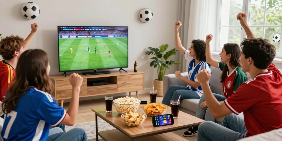 Group of friends watching live football on موقع IHD Sports with spirited decorations and snacks.