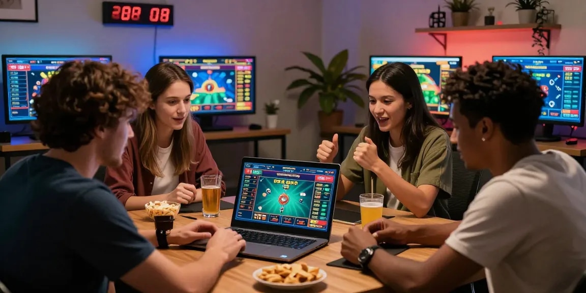 Engaged group enjoying Grandbetting online gaming experience in cozy setting.
