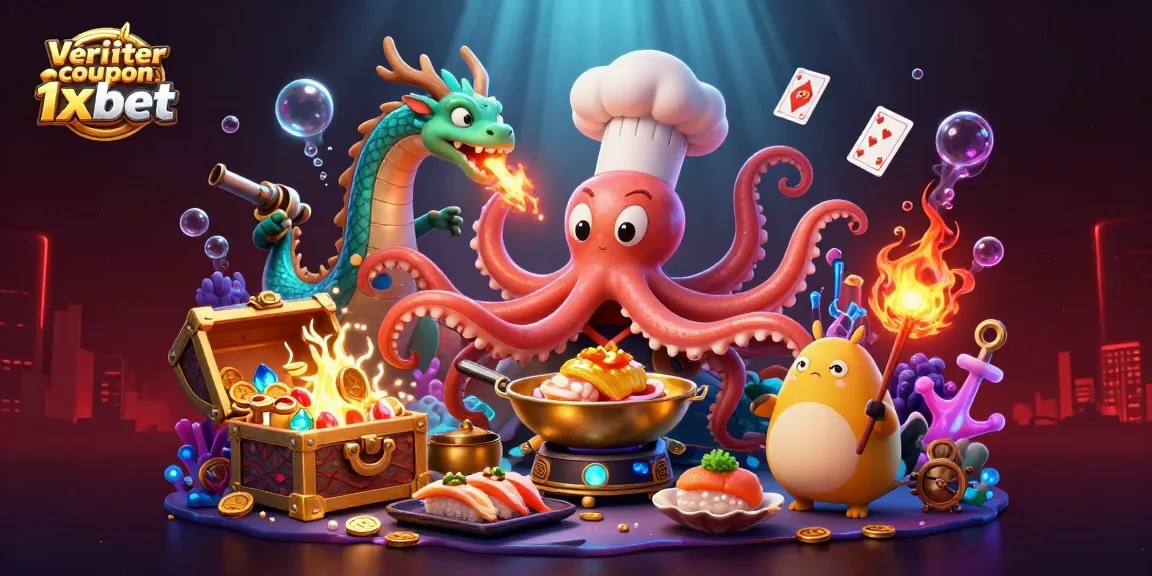 Vérifier coupon 1xbet avec un octopus chef et dragon dans un décor de casino aquatique
