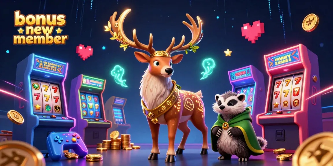 Experience the exciting bonus new member offer with vibrant casino elements and lively characters.