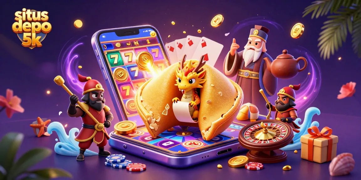 Experience the fun of situs depo 5k with a vibrant illustration of slots and golden winnings.