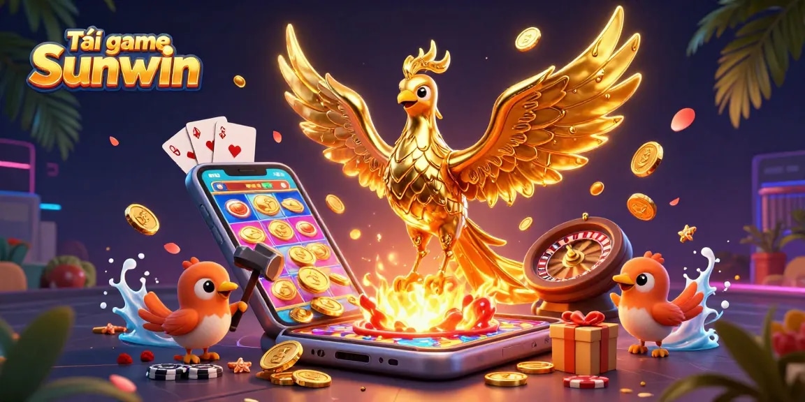 Tải game Sunwin with a stunning 3D cartoon phoenix and a smartphone showcasing vibrant slot games.