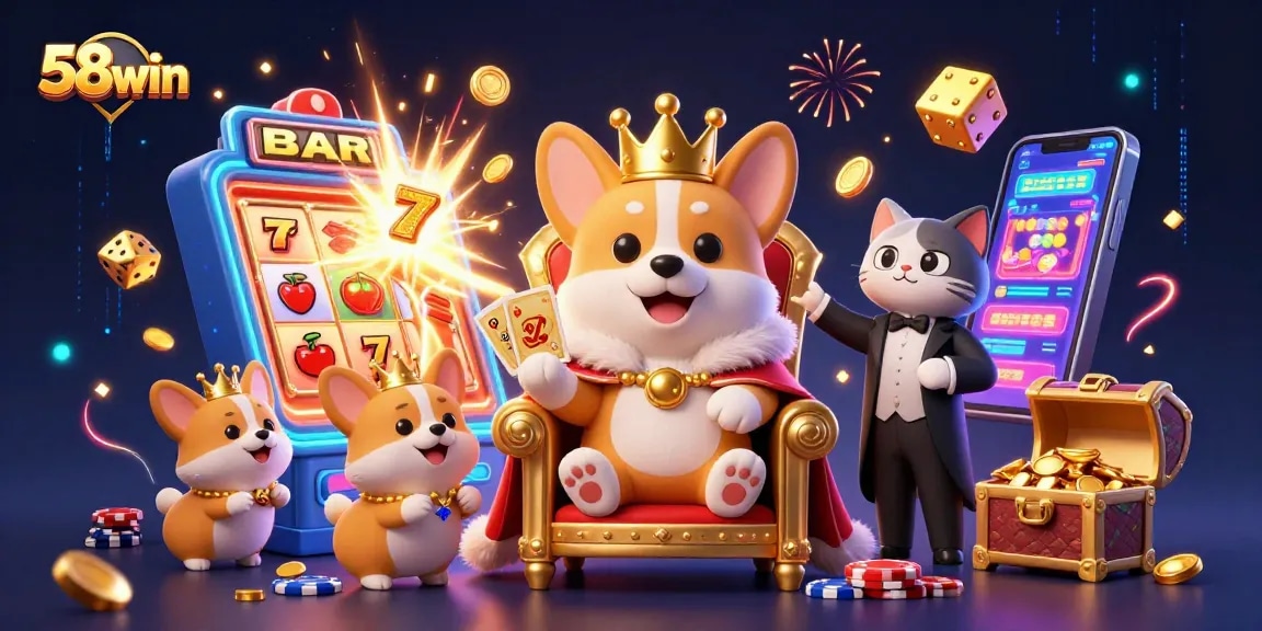 Win big at 58win with vibrant casino-themed characters and action-packed gaming elements.