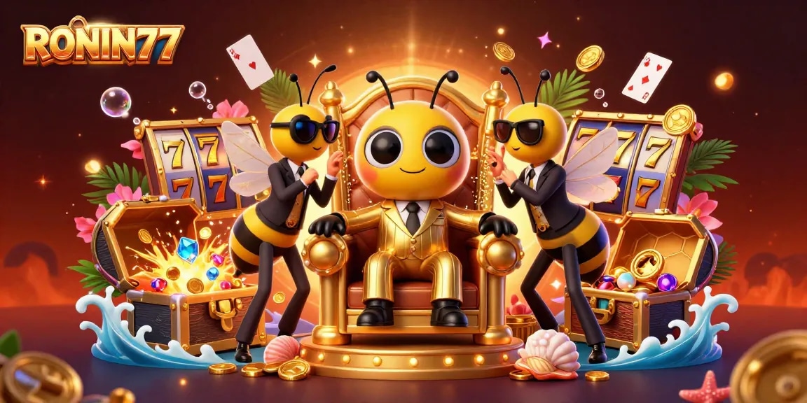 Experience thrilling gameplay with RONIN77's vibrant slot games amidst an enchanting cartoon scene.