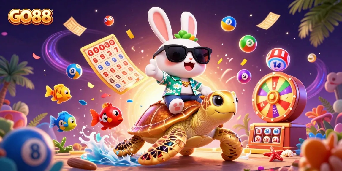 Experience the excitement of GO88 with a lively scene of a lucky rabbit and a golden turtle amidst colorful gaming elements.