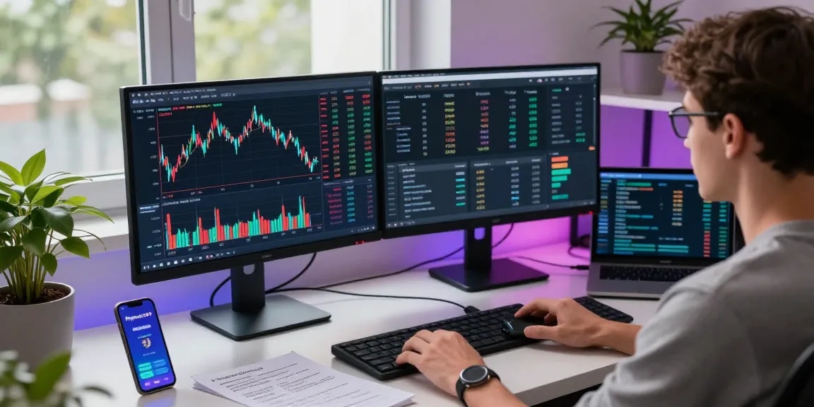 Playexch247 platform displayed on smartphone amidst blockchain trading setup, featuring live charts, DeFi metrics, and high-tech wallet.