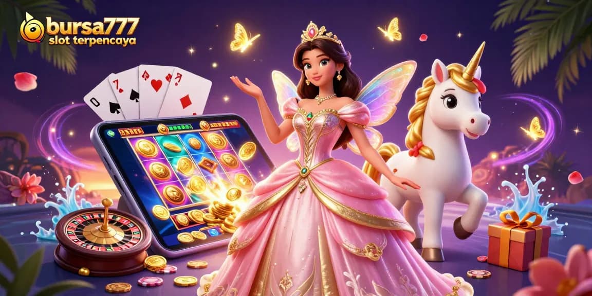 Bursa777 slot terpercaya showcases a magical scene with a glamorous woman, golden unicorn, and dynamic slot game elements.