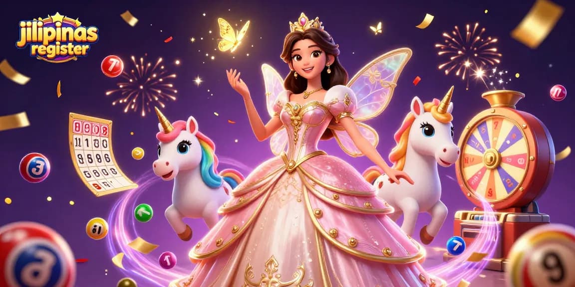 Engage in winning excitement with Jilipinas register, featuring lottery elements and vibrant 3D characters.